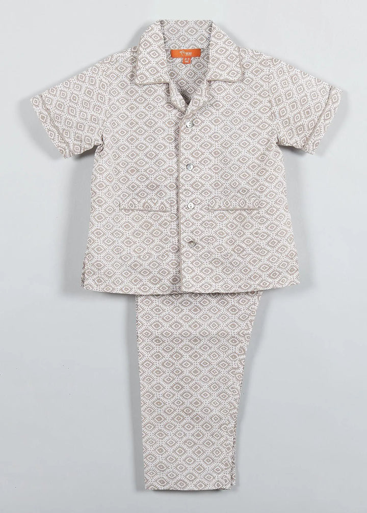 Geo Ethnic Grey Half Sleeve Cotton Night Suit Boy (0-12 Years)
