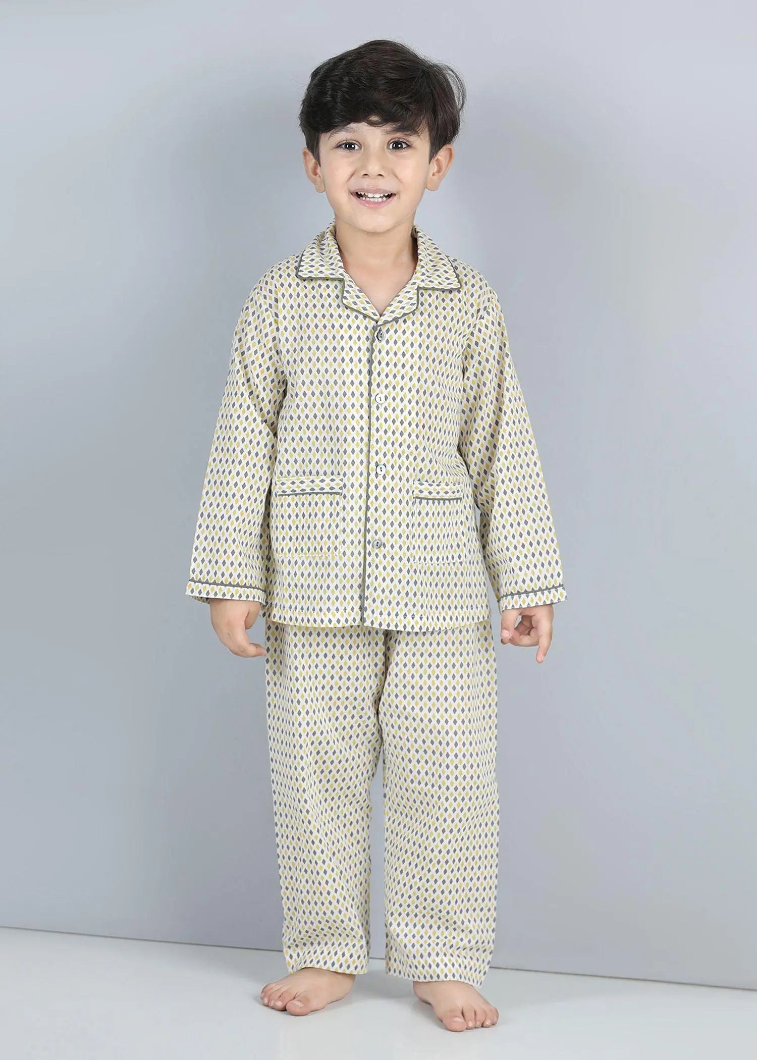 Rhombus Yellow Full Sleeves Cotton Nighsuit Boy (1-12 Years)