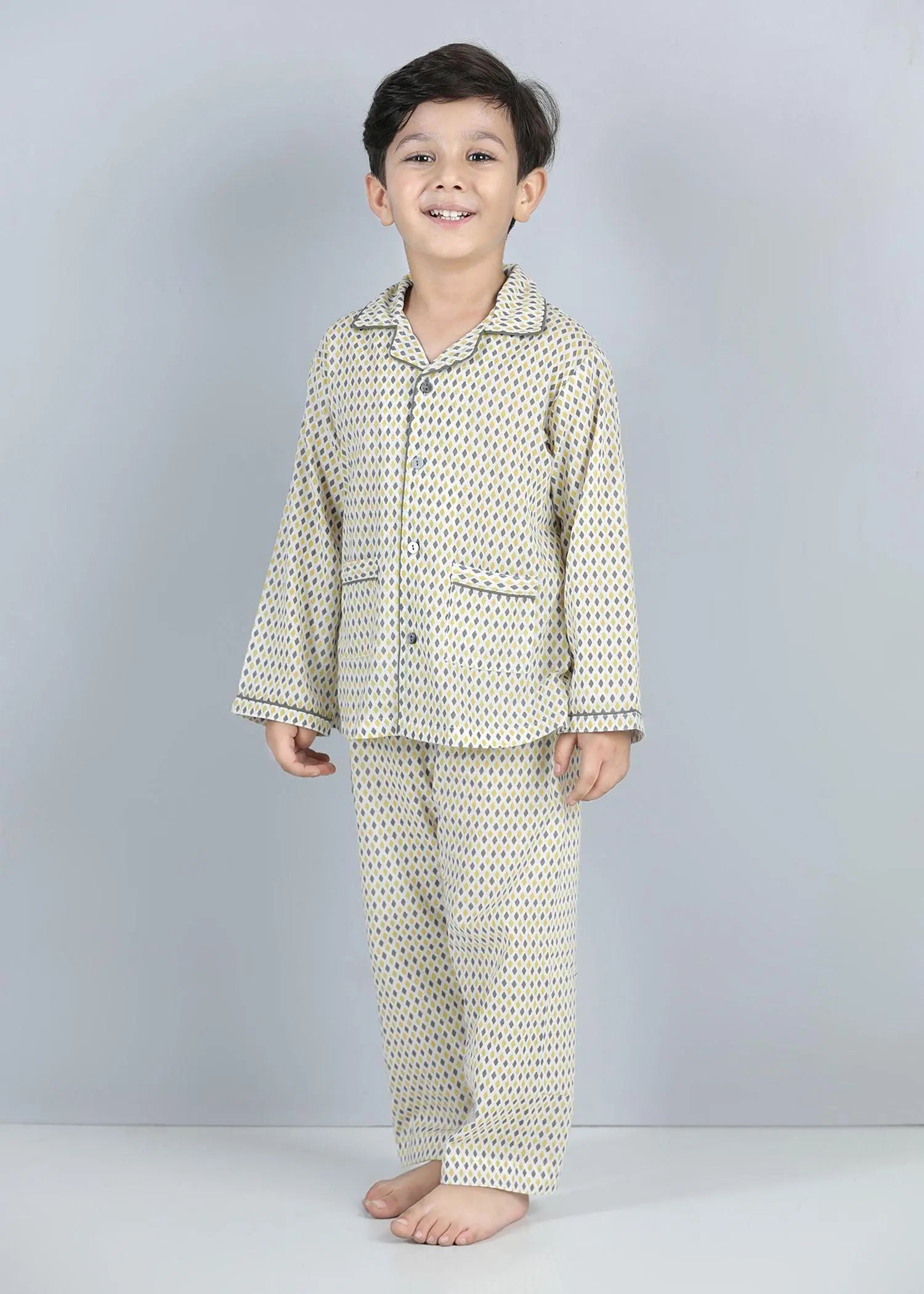 Rhombus Yellow Full Sleeves Cotton Nighsuit Boy (1-12 Years)