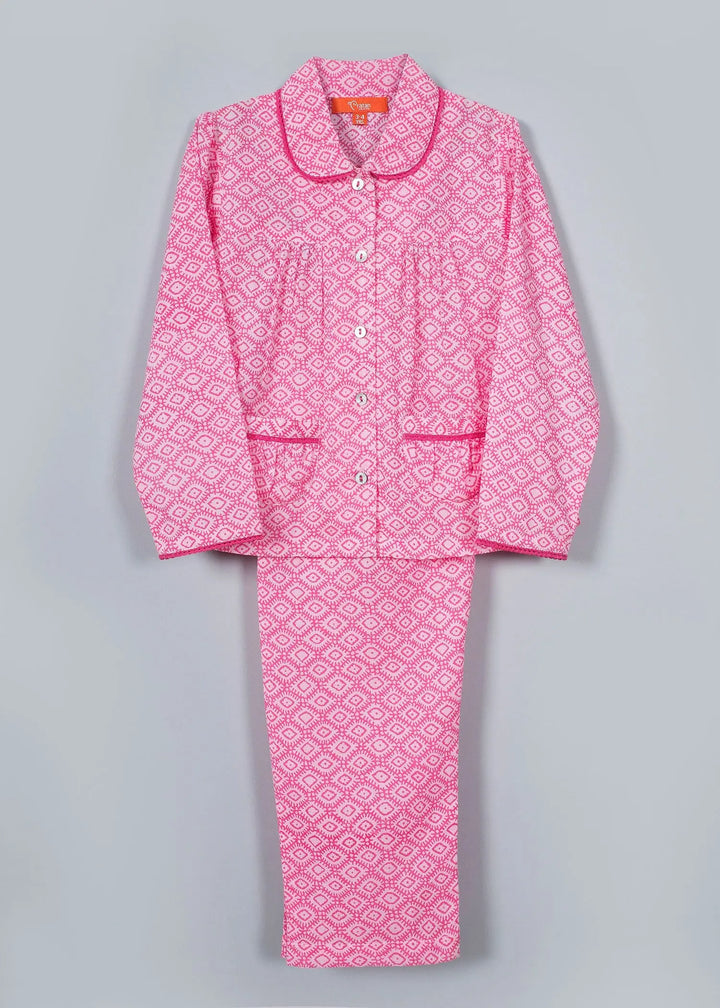 Geo Ethnic Pink Full Sleeve Cotton Nightsuit Girl (0-12 Years)