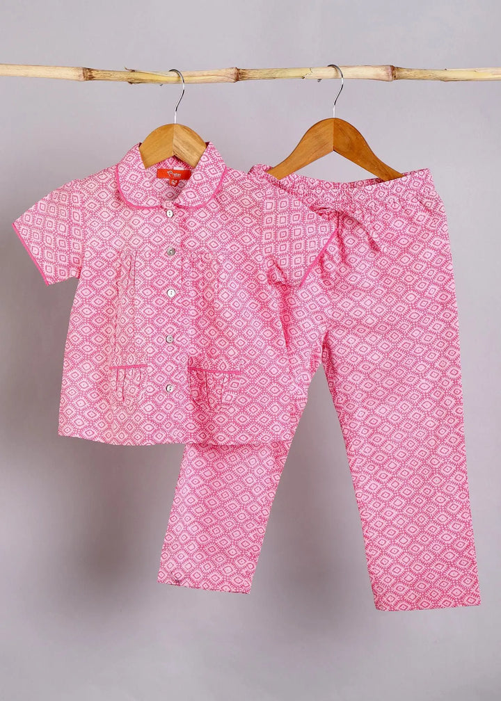 Geo Ethnic Half Pink Sleeve Cotton Nighsuit Girl (0-12 Years)