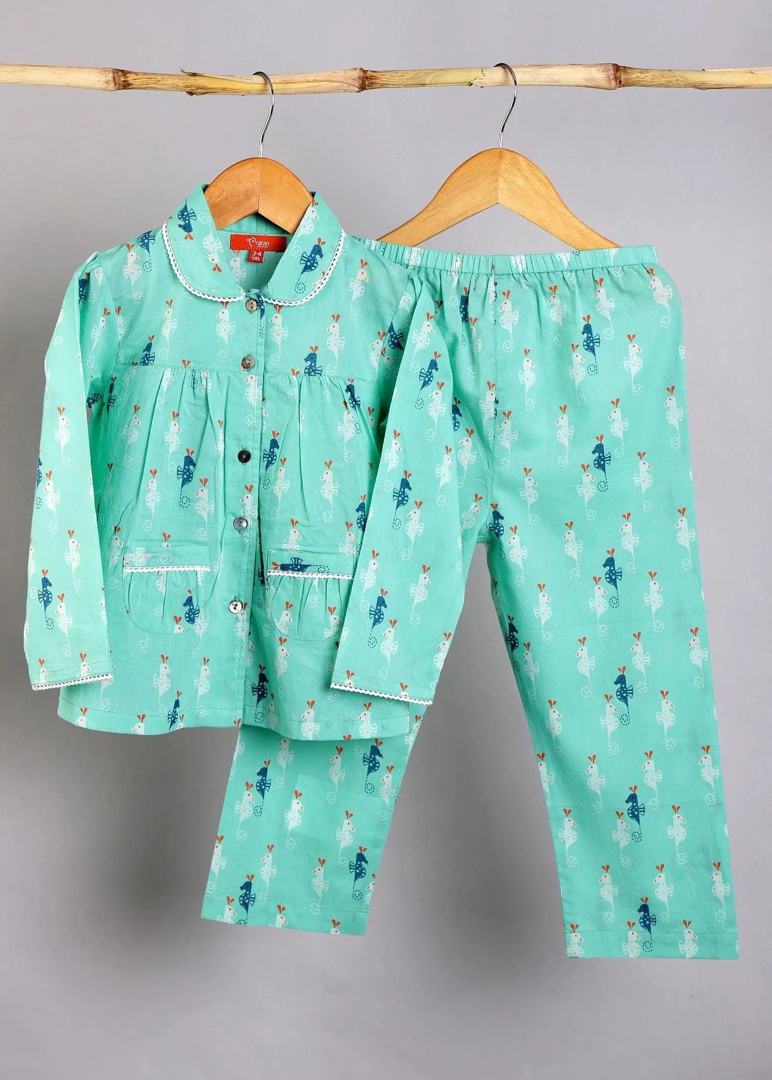 Seahorse Green Full Sleeve Cotton Nighsuit Girl (0-12 Years)
