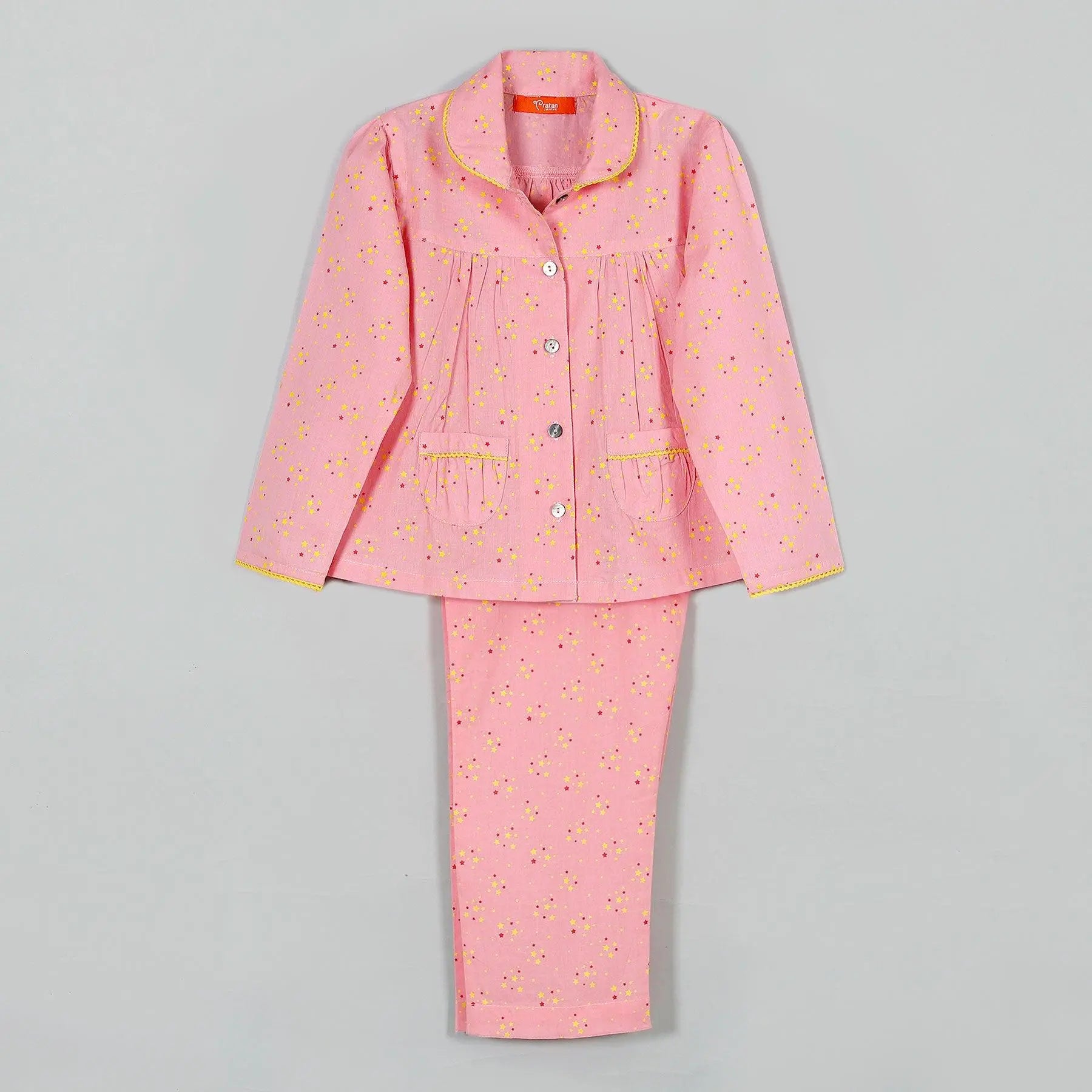 Star Pink Full Sleeve Cotton Nightsuit Girl (0-12 Years)