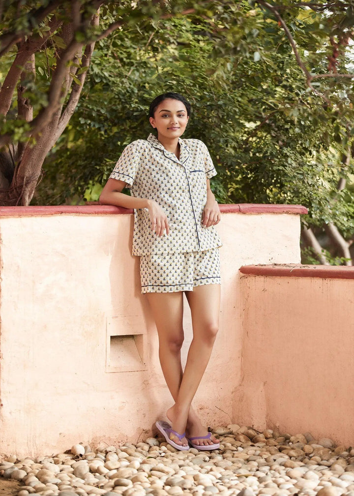 Symmetric Bloom Mustard/Deep Blue Cotton Night shorts set