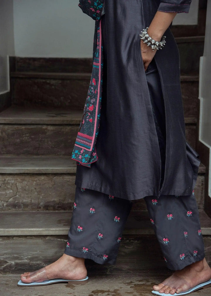 Puja Grey Embroidered Straight Pants