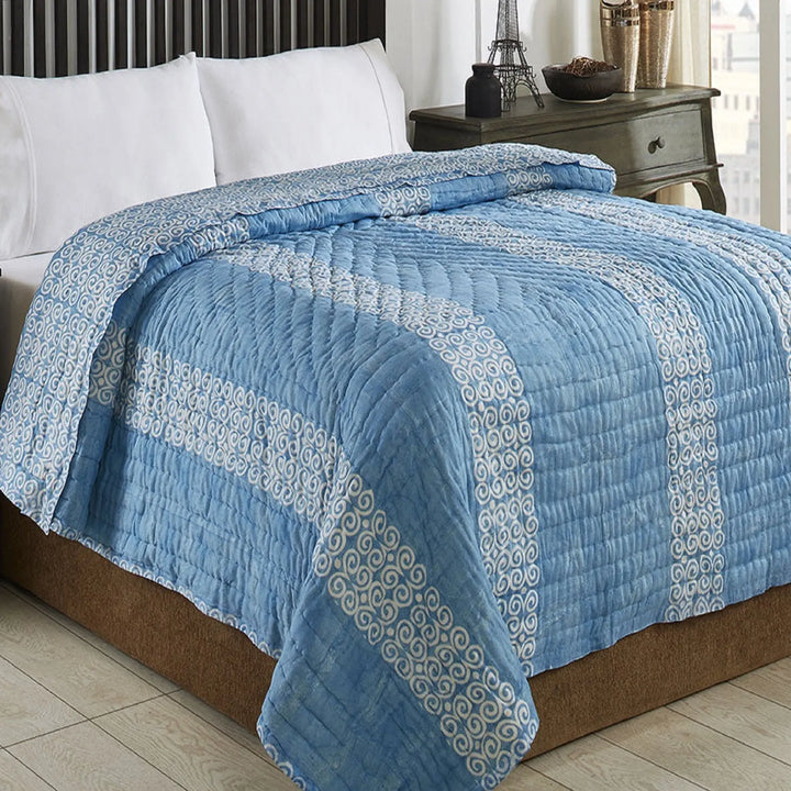 Spiral Blue Hand Block Print Extra Cotton Filling Quilt