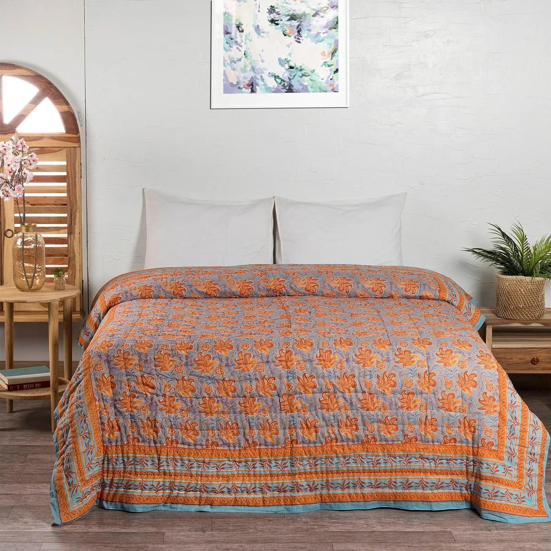 Ananya Jaal Grey and Rust Screen Print Cotton AC Quilt