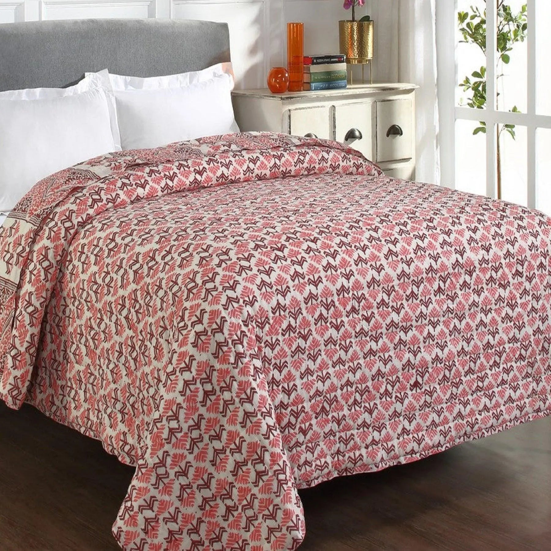 Phulkari Pink and Maroon Hand Block Print Cotton Quilt