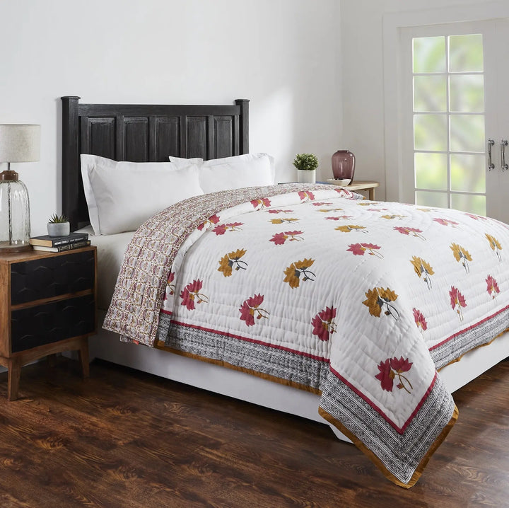 Peonia Pink & Yellow Hand Block Print Extra Cotton Filling Quilt
