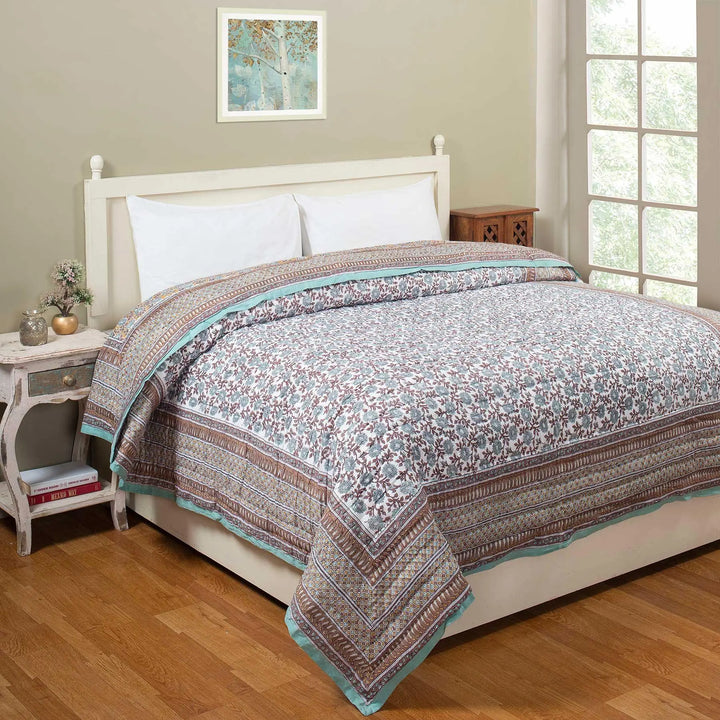 Tarang Jaal Mustard and Teal Hand Block Print Cotton AC Quilt