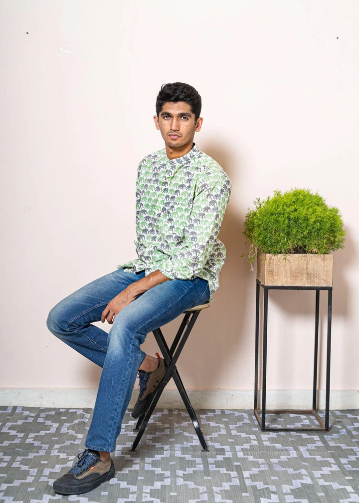 Elephant Cream And Light Green Cotton Chinese Collar Full Sleeves Shirt