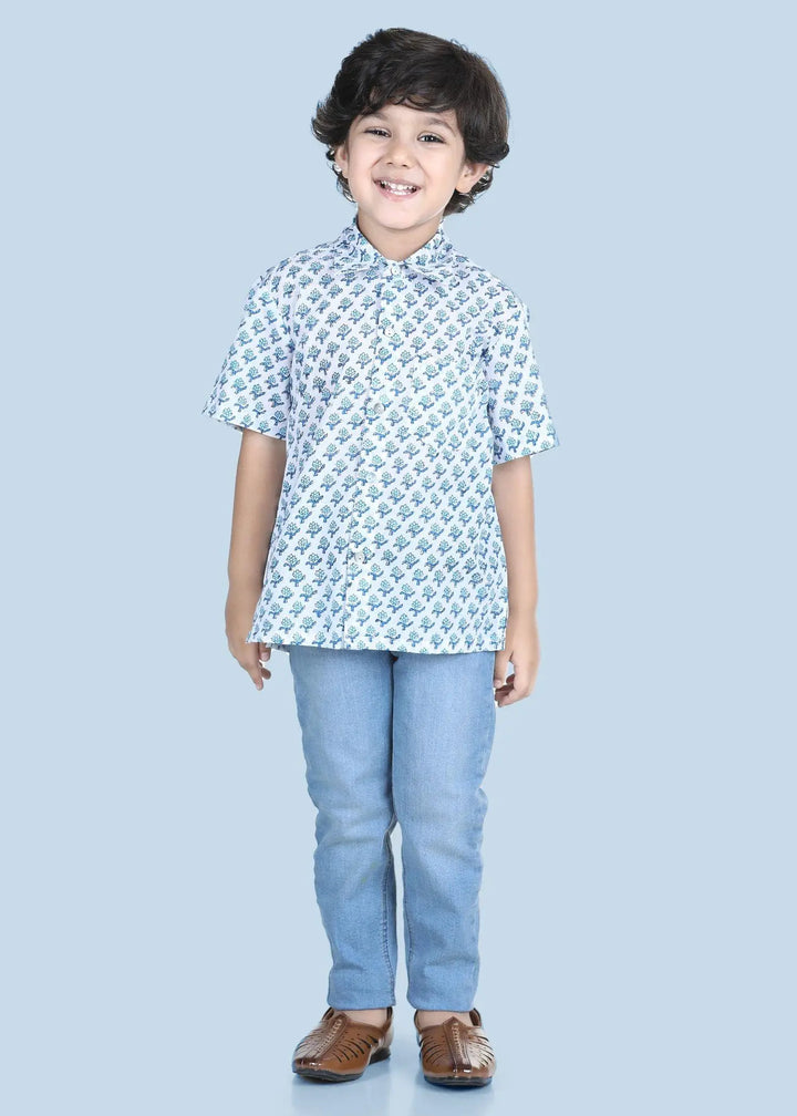 Badam Buti Blue Cotton Shirt Boy (2 to 12 Years)