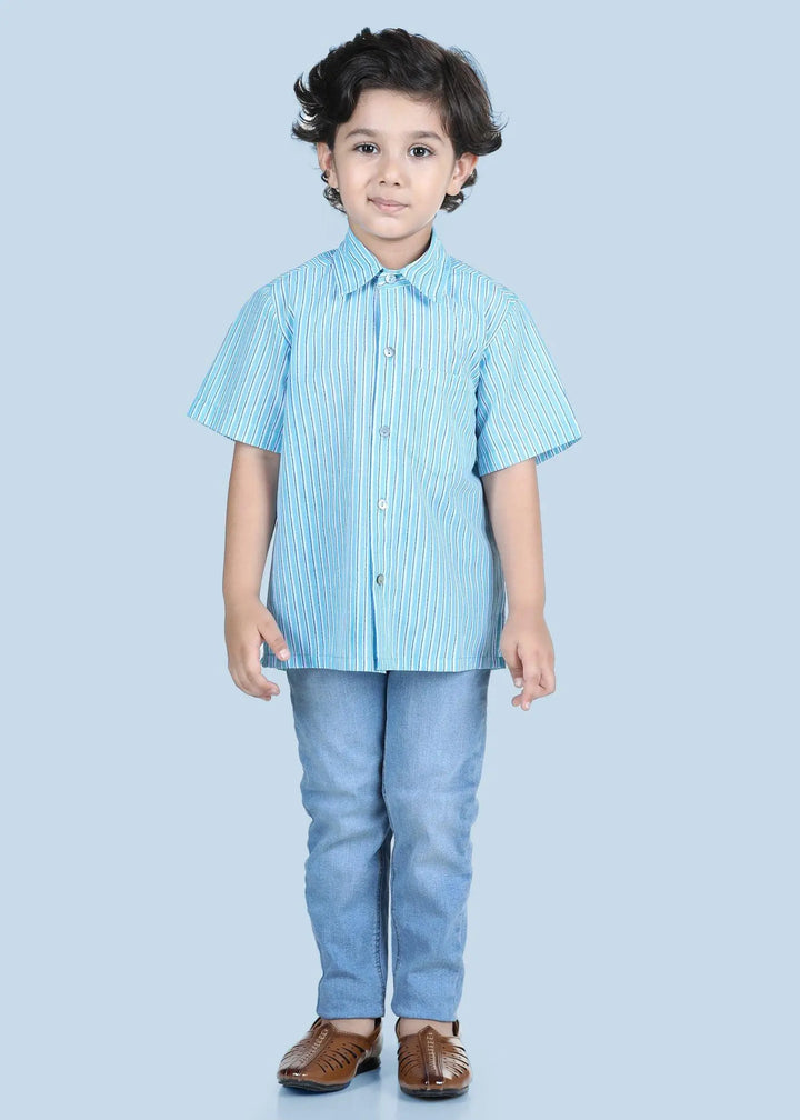 SHIRT HALF SLEEVES BOYS STRIPS BLUE COTTON (2 to 12 Years)