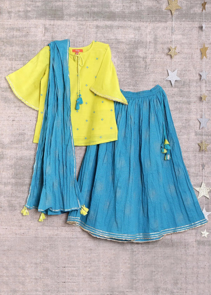 Neer Teal and Yellow Skirt Top Set (2 to 12 Years) (Set of 3)