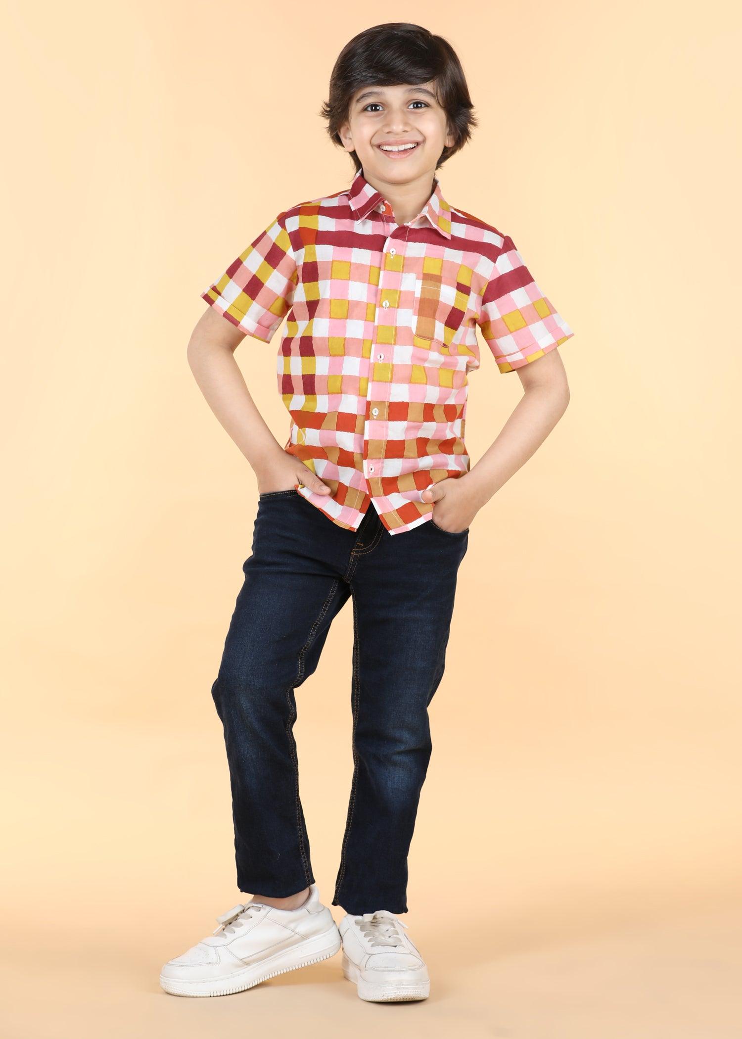 Gingham Mocha Cotton Half Sleeve Round Hem Shirt Boys (6 Months -12 Yrs) Ratan Texprocess Pvt. Ltd