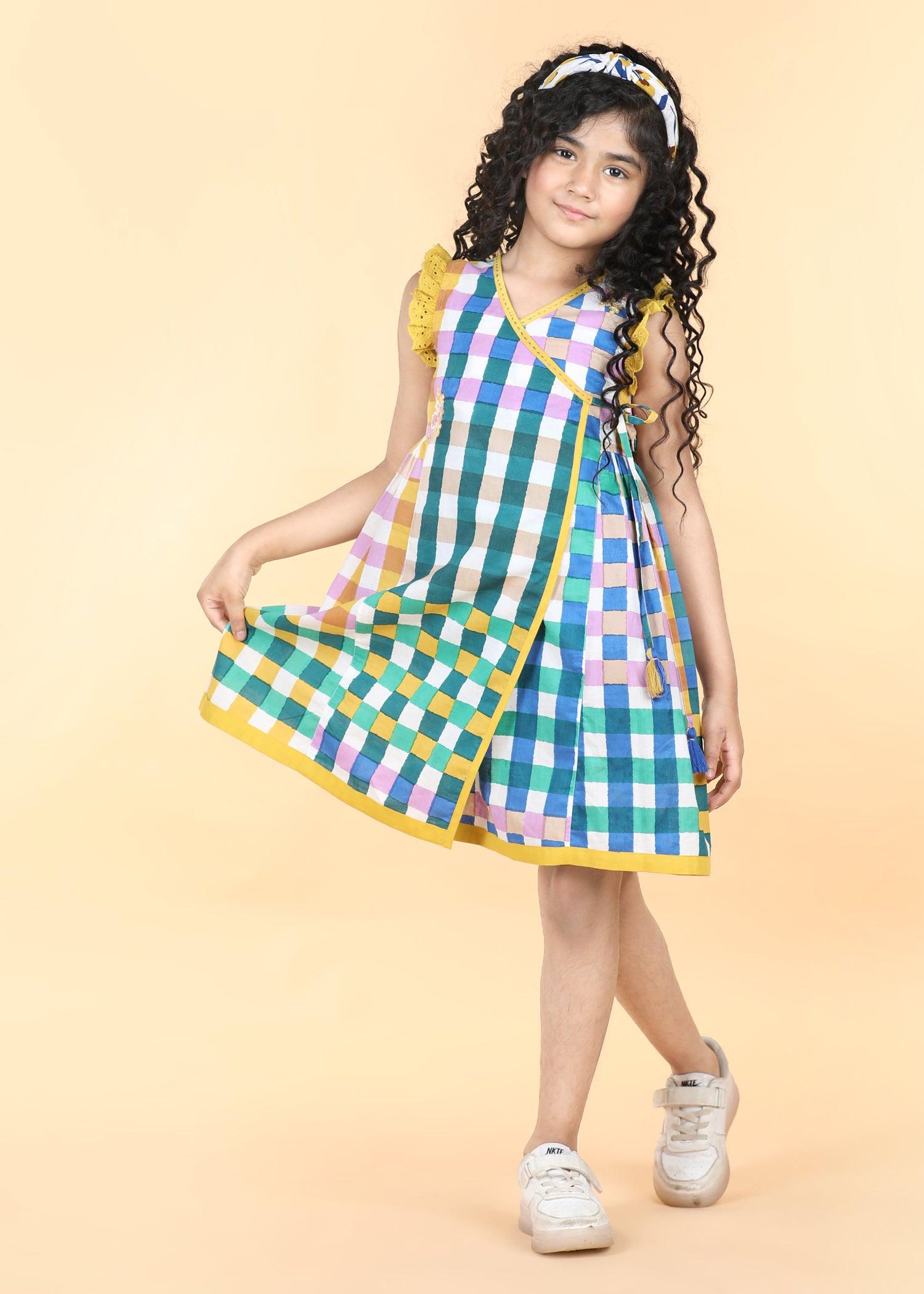 Gingham Multi Cotton Angrakha Dress Girls (6 Months -12 Yrs) Ratan Texprocess Pvt. Ltd