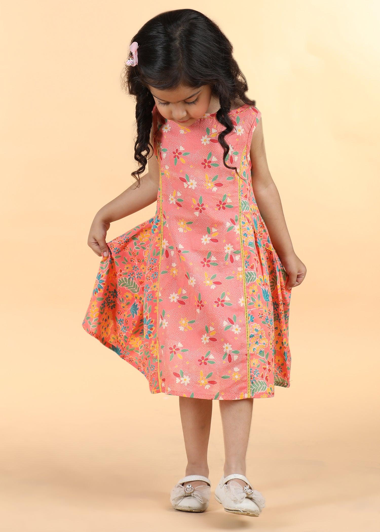 Peach Cotton Panelled Dress Girls (6 Months -12 Yrs) Ratan Texprocess Pvt. Ltd
