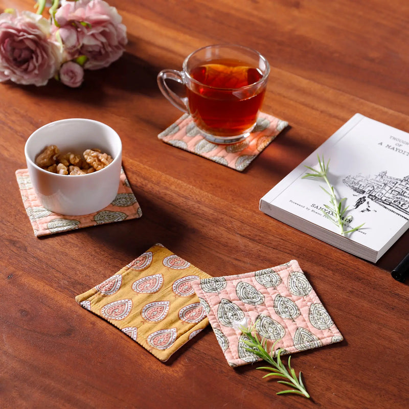 Leaf Peach Cotton Quilted Coaster (Set Of 4)