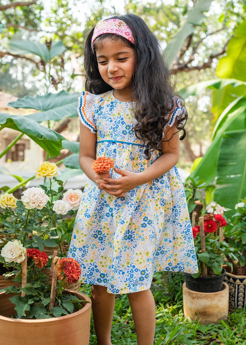 Flower Bed Blue Cotton Takshita Dress Girls (6 Months- 9 Years)