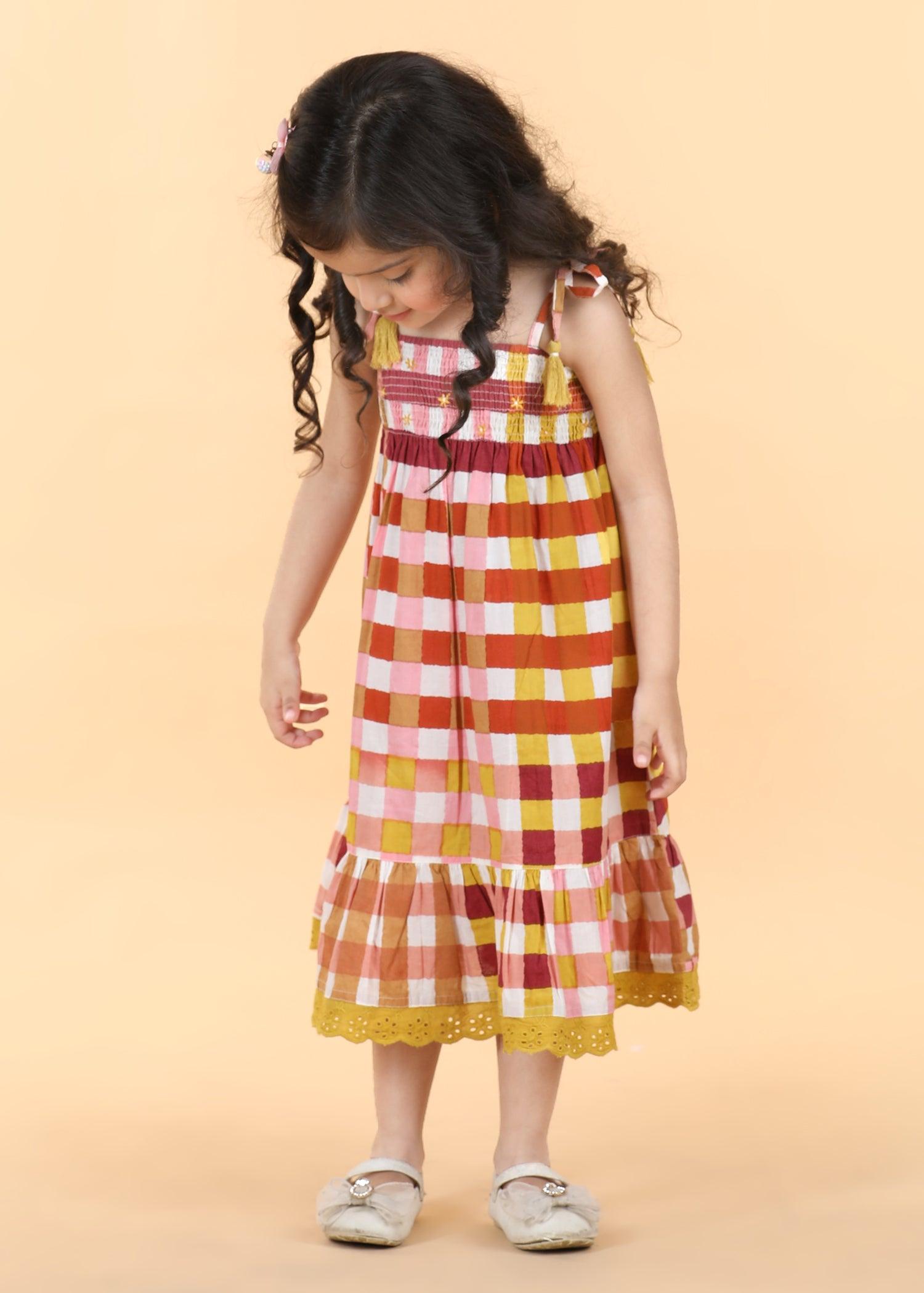 Gingham Mocha Cotton Sunflower Dress Girls (6 Months -12 Yrs) Ratan Texprocess Pvt. Ltd