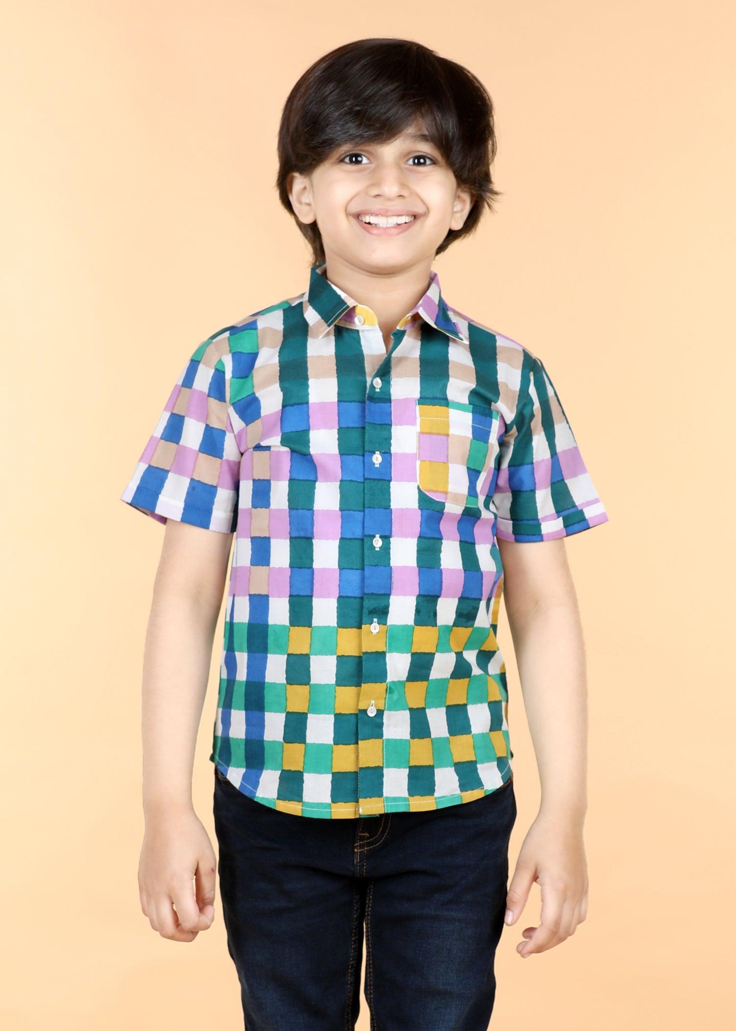 Gingham Multi Green Cotton Half Sleeve Round Hem Shirt Boys (6 Months -12 Yrs) Ratan Texprocess Pvt. Ltd