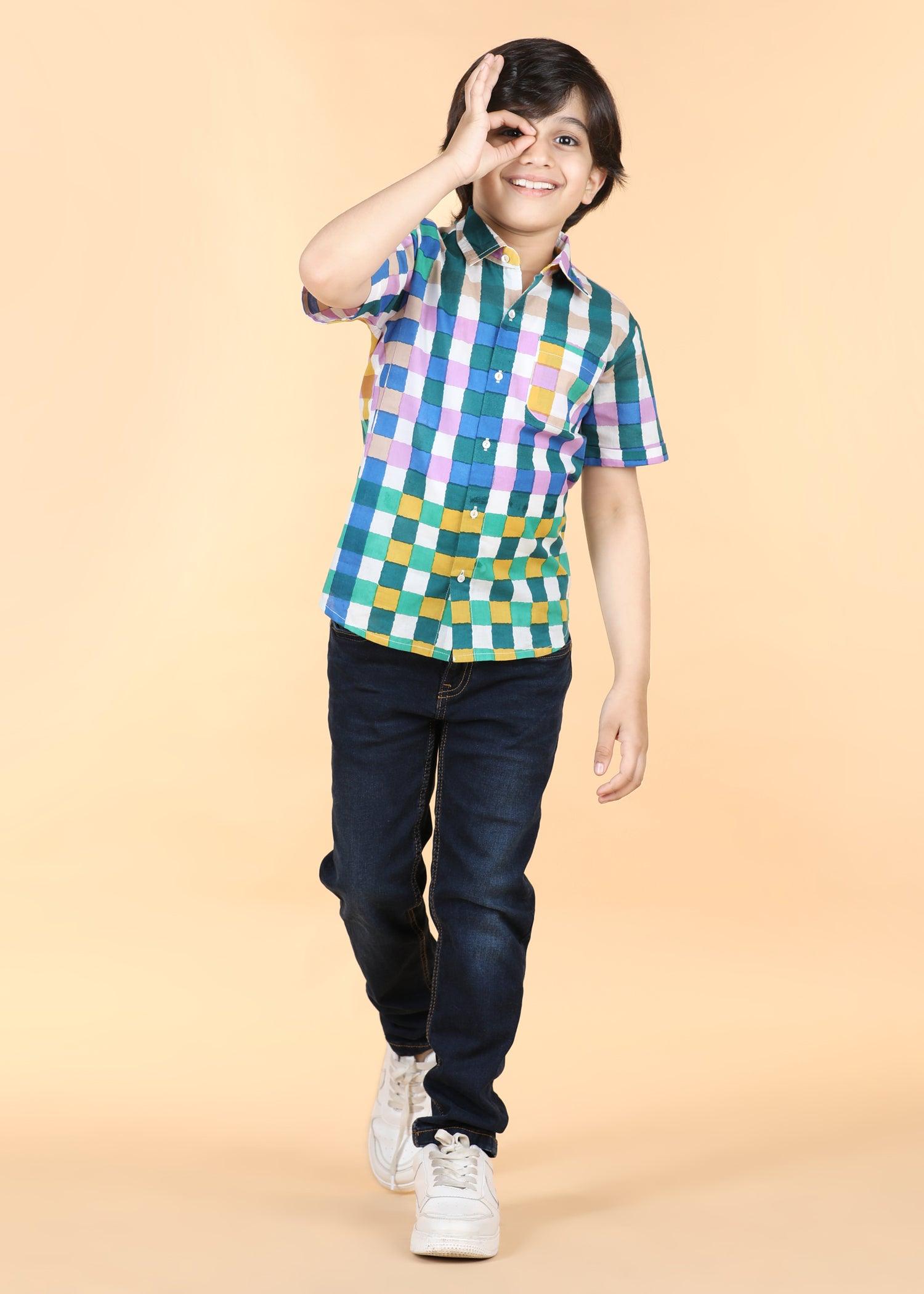 Gingham Multi Green Cotton Half Sleeve Round Hem Shirt Boys (6 Months -12 Yrs) Ratan Texprocess Pvt. Ltd