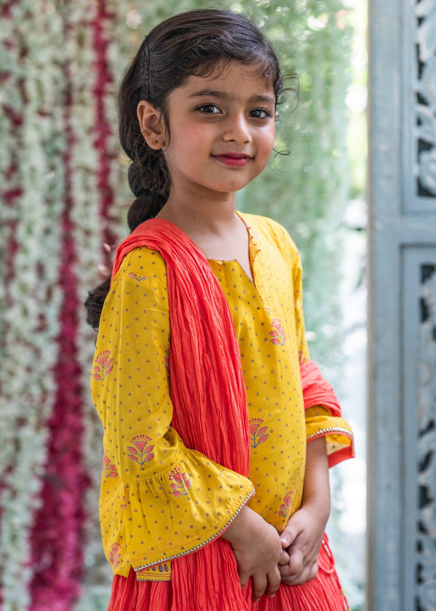 Hazel Yellow Orange Lehanga Set Girls (2Years - 12Years)