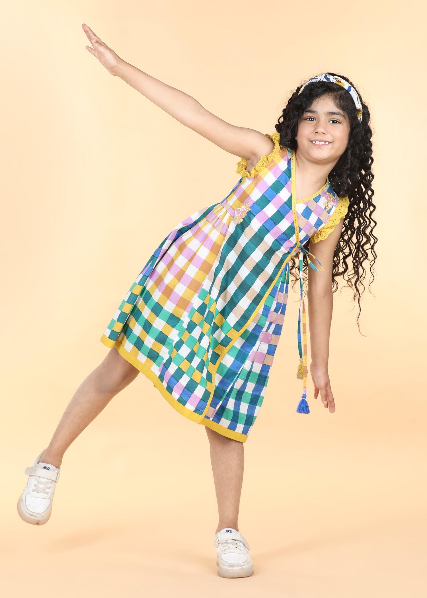 Gingham Multi Cotton Angrakha Dress Girls (6 Months -12 Yrs) Ratan Texprocess Pvt. Ltd