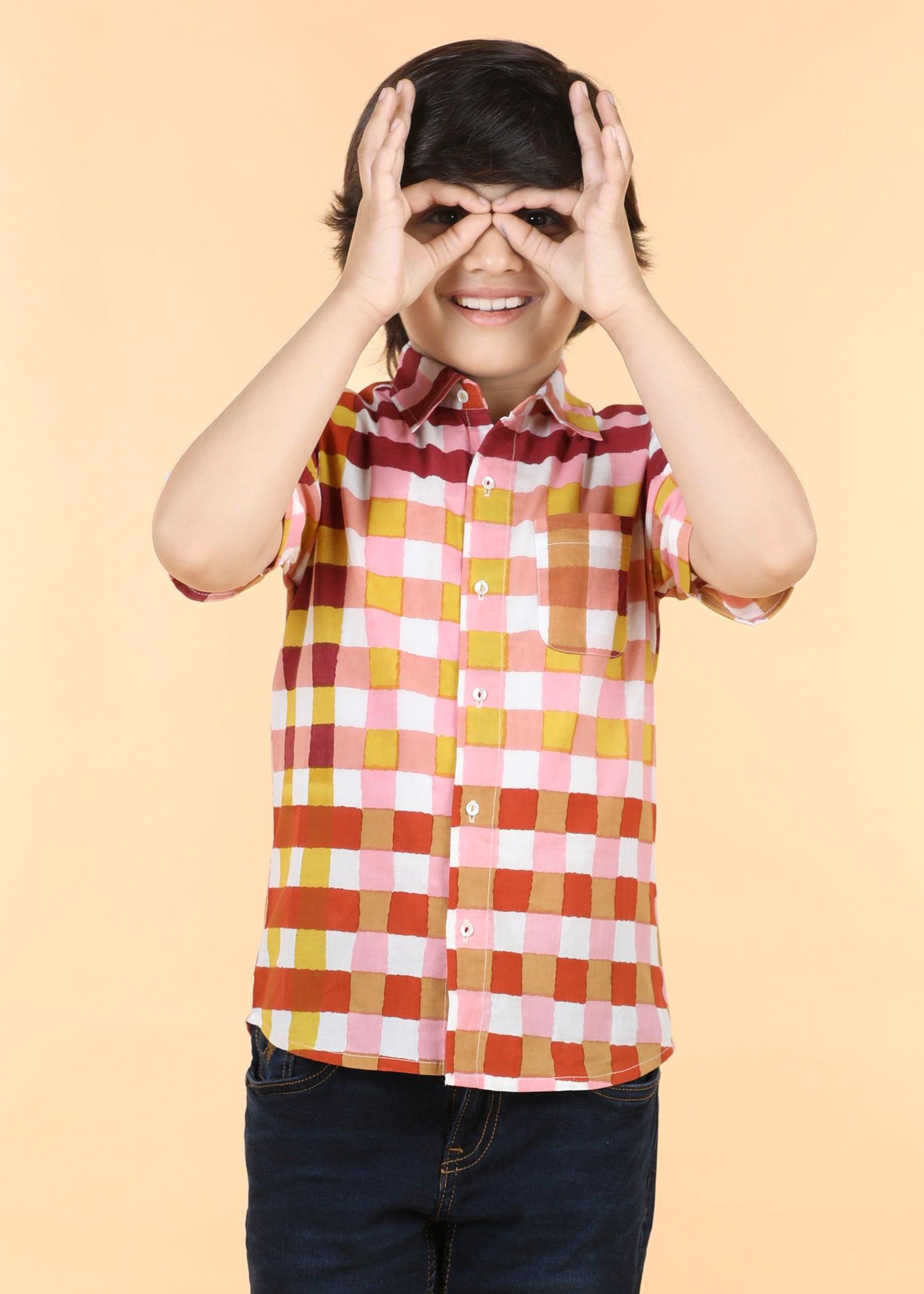 Gingham Mocha Cotton Half Sleeve Round Hem Shirt Boys (6 Months -12 Yrs) Ratan Texprocess Pvt. Ltd