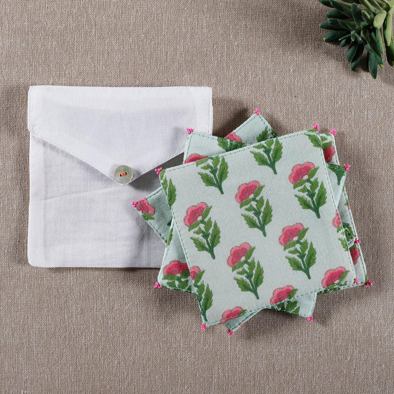Flower Green Cotton Coaster (Set Of 4)