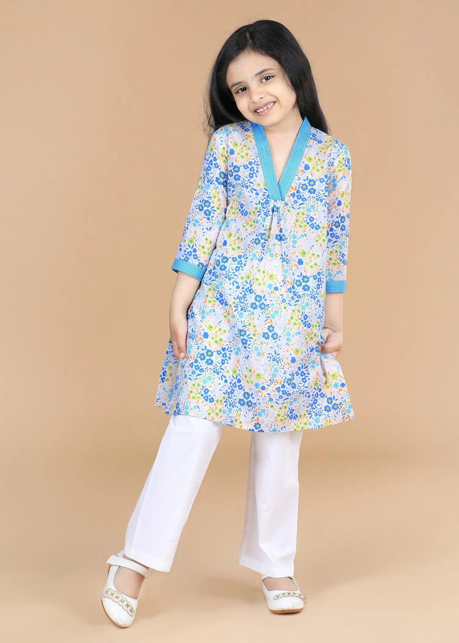 Flower Bed  Blue Cotton V- Neck Kurta Girls (2-12 Yrs)