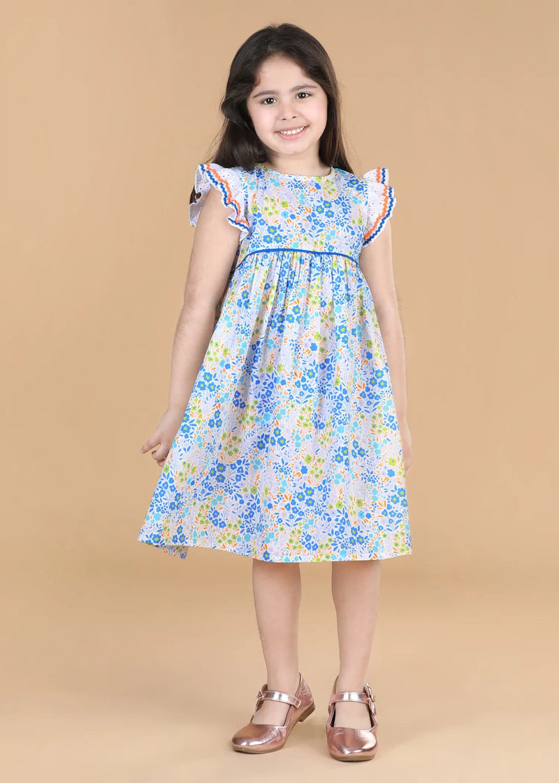 Flower Bed Blue Cotton Takshita Dress Girls (6 Months- 9 Years)