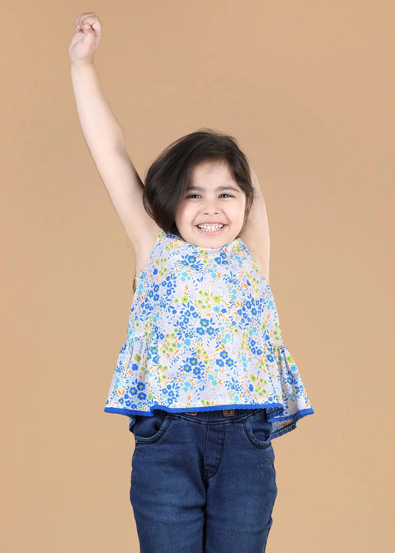 Flower Bed Blue Cotton Noor Top Girls  (2-12 Years)