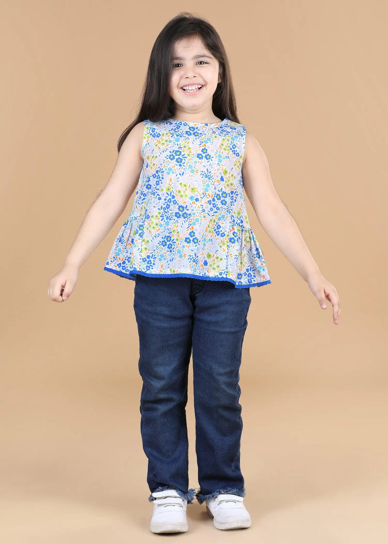 Flower Bed Blue Cotton Noor Top Girls  (2-12 Years)