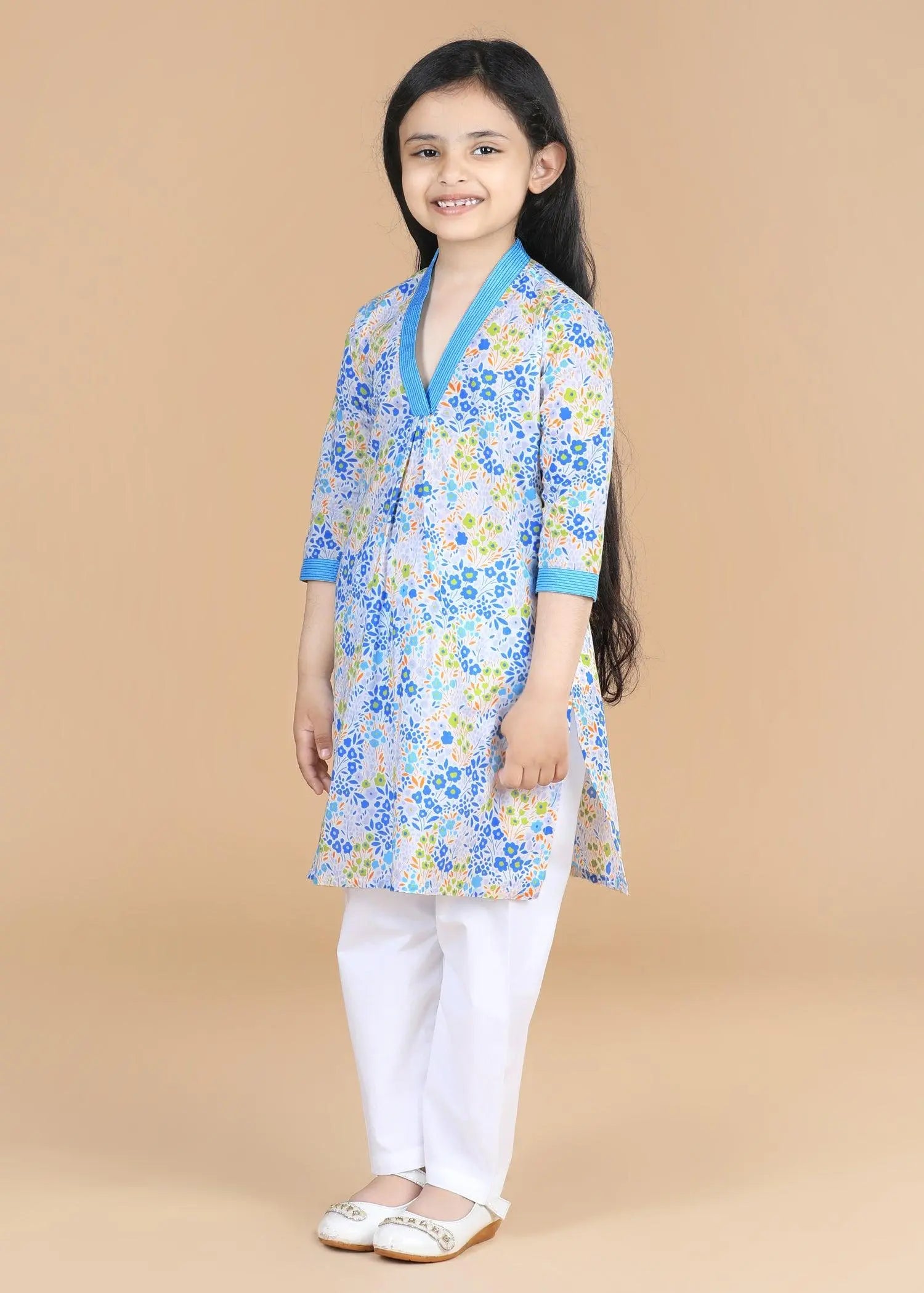 Flower Bed  Blue Cotton V- Neck Kurta Girls (2-12 Yrs)