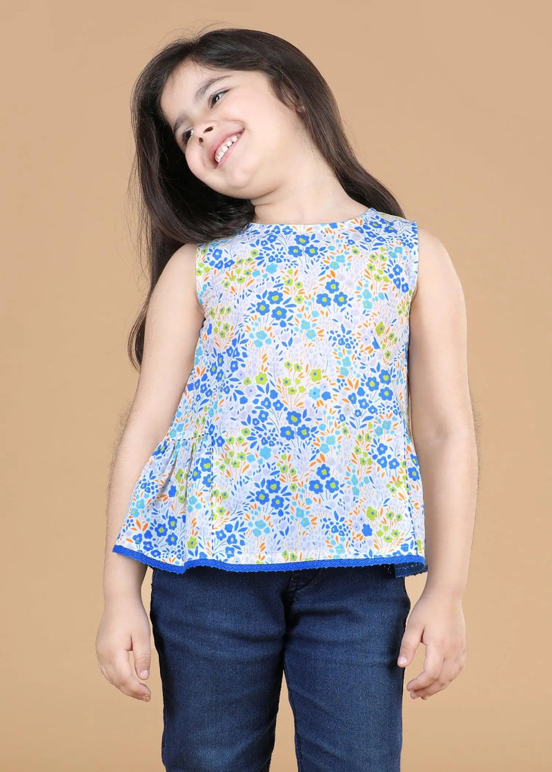 Flower Bed Blue Cotton Noor Top Girls  (2-12 Years)