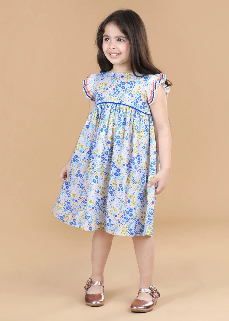 Flower Bed Blue Cotton Takshita Dress Girls (6 Months- 9 Years)