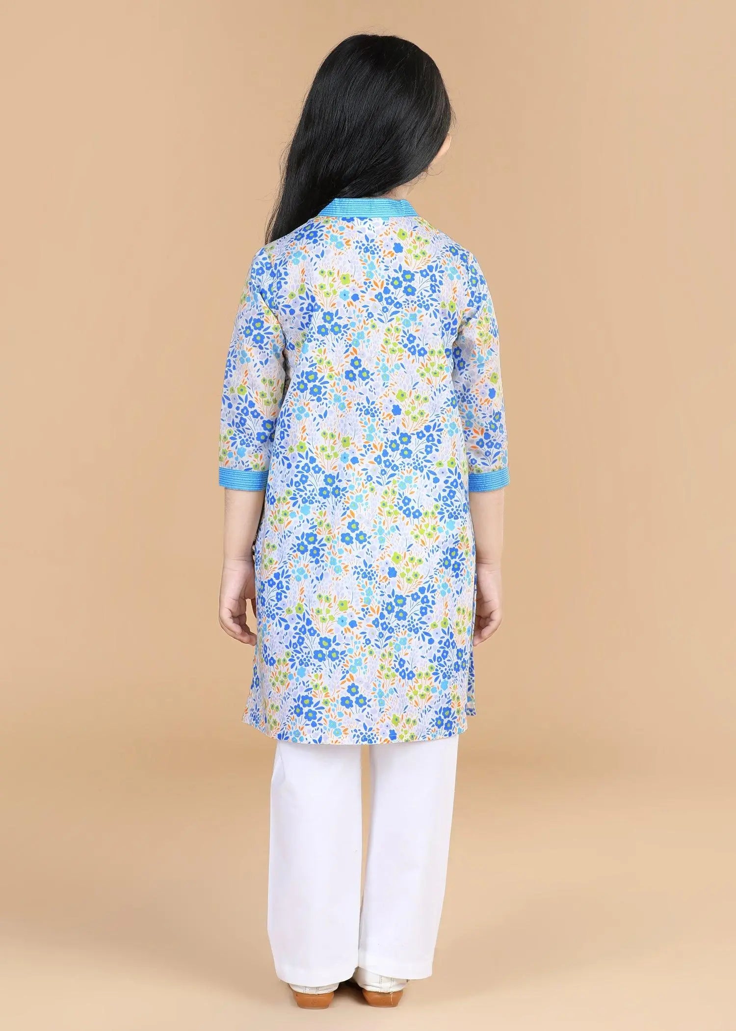 Flower Bed  Blue Cotton V- Neck Kurta Girls (2-12 Yrs)
