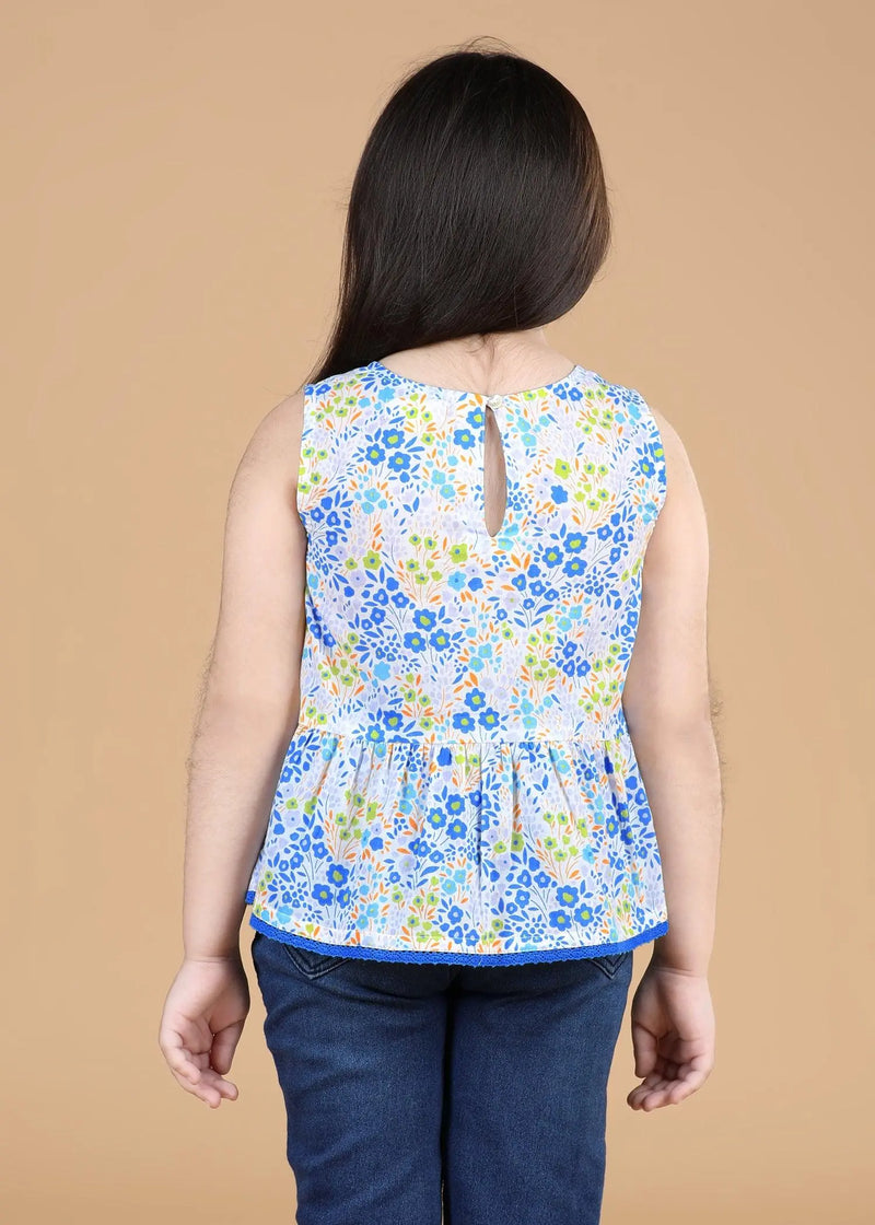 Flower Bed Blue Cotton Noor Top Girls  (2-12 Years)
