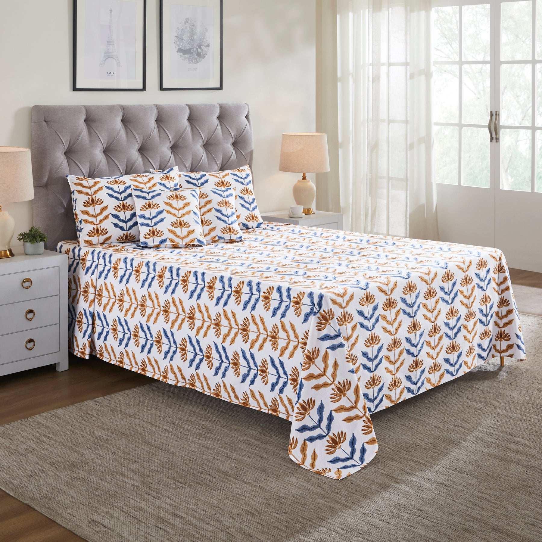 Sol Cotton Bedcover-Blue/Mustard