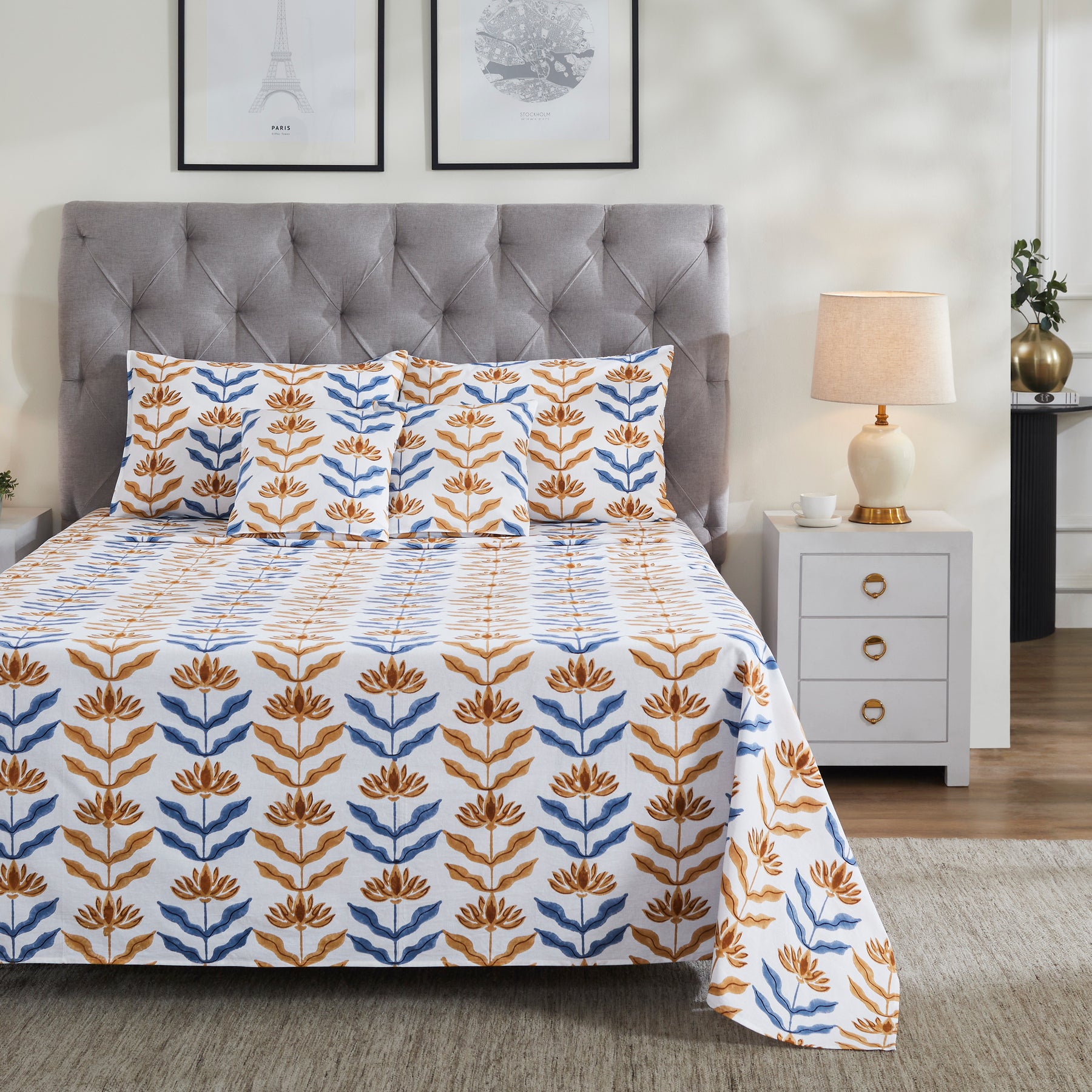 Sol Cotton Bedcover-Blue/Mustard