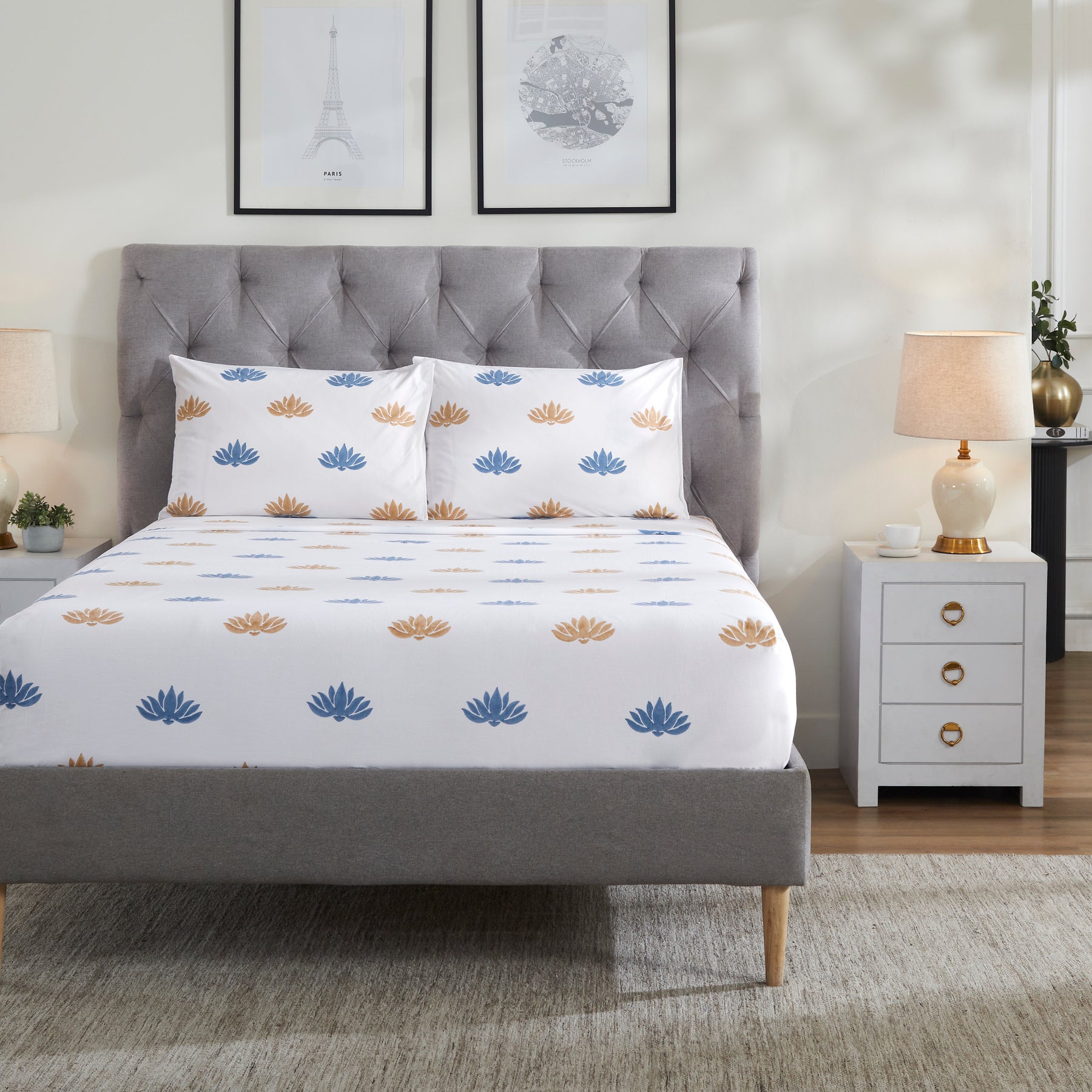 Sol Cotton Bedsheet – Blue/Mustard