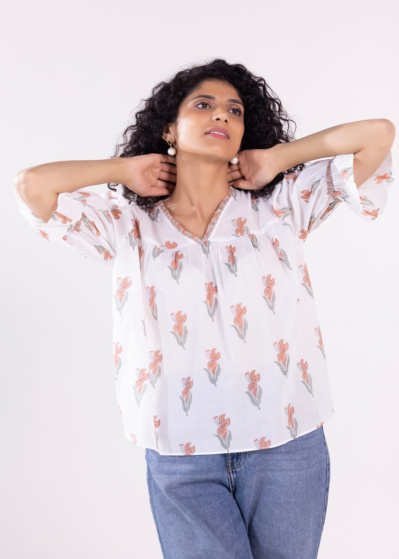 V-Neck Gather Top with Puff Sleeve