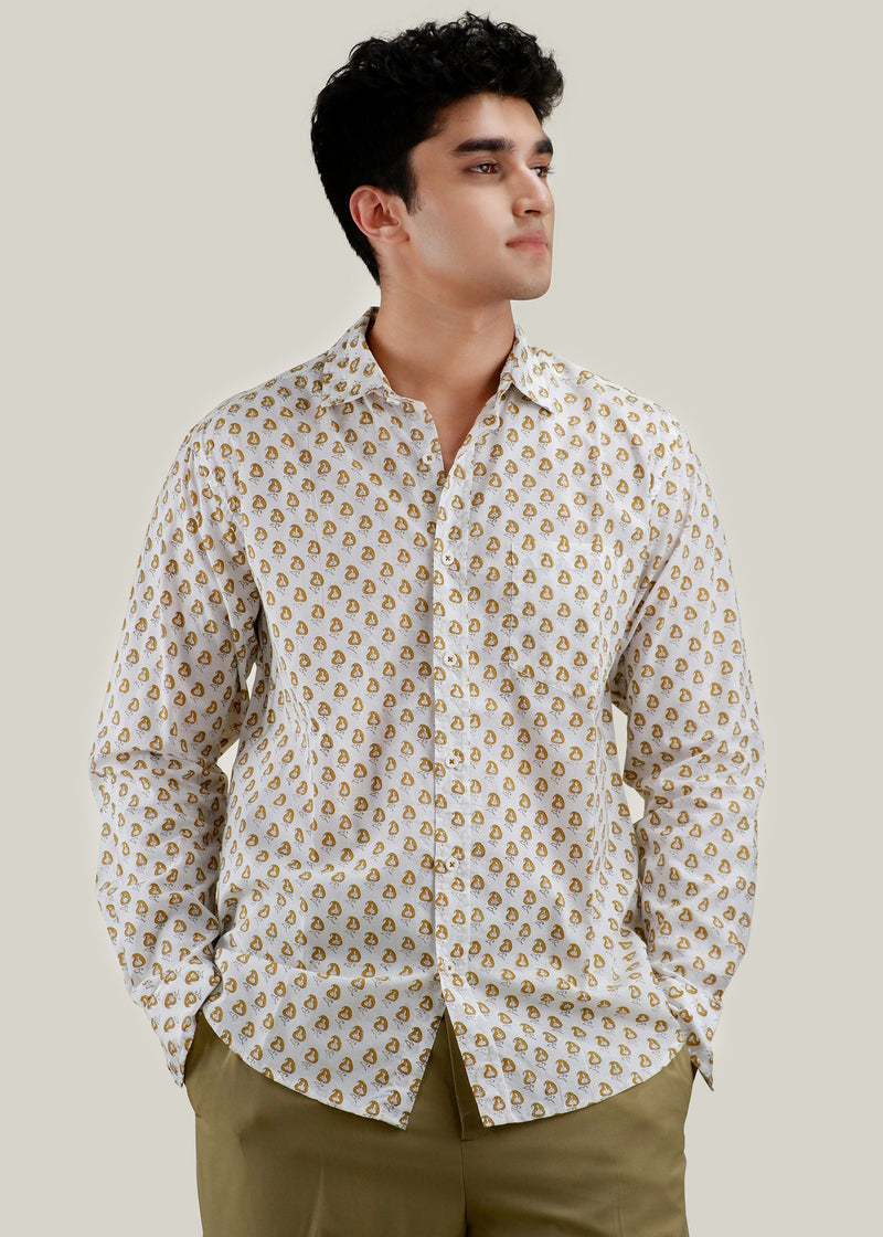 White/Ochre & Yellow Regular Cotton Full Sleeve Shirt