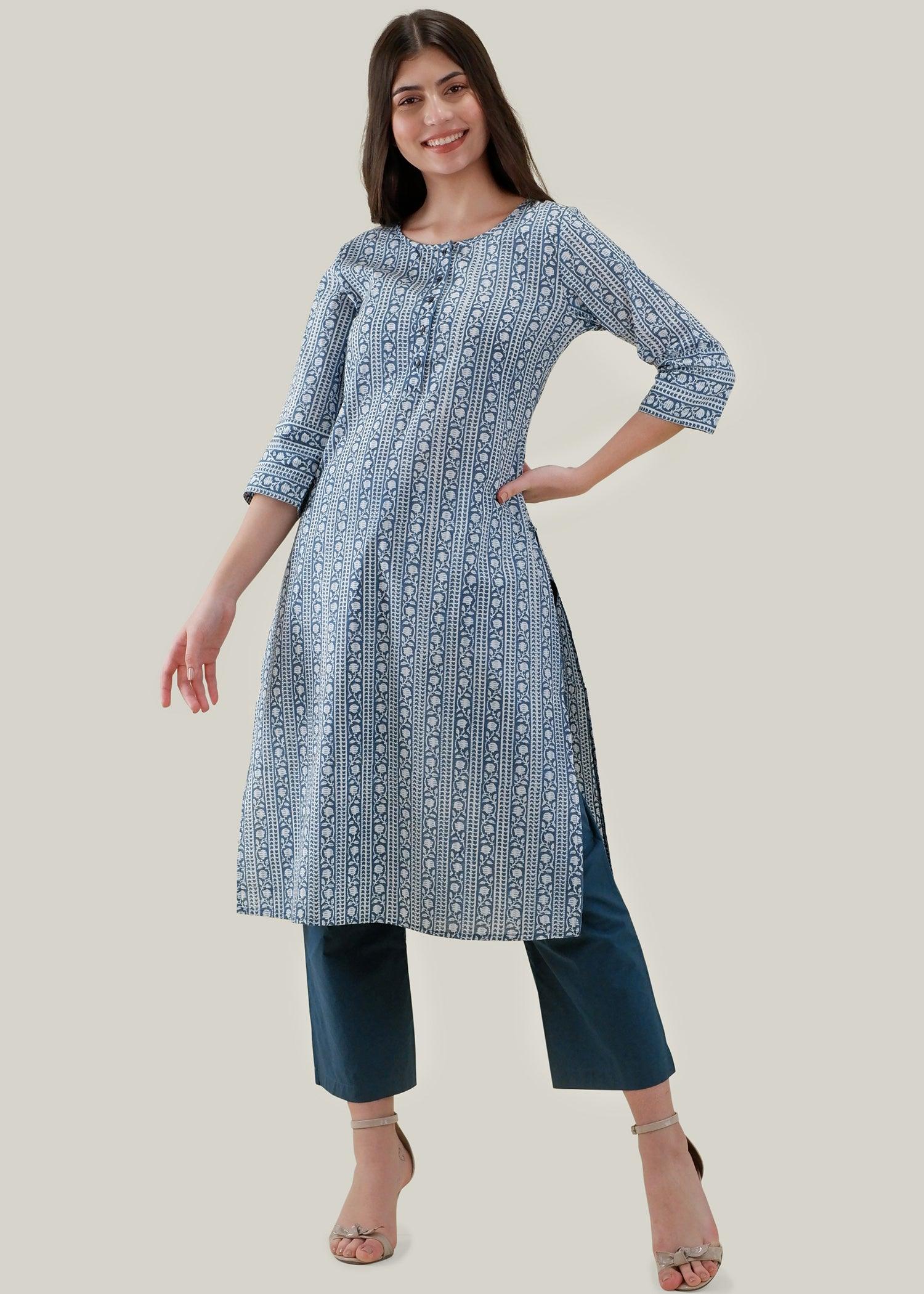 White & Blue Regular Cotton Upasana Kurta