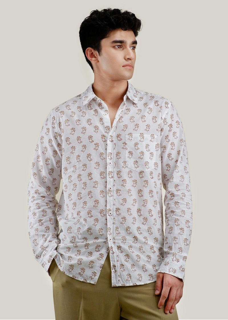 White/Ochre & Maroon Regular Cotton Full Sleeve Shirt