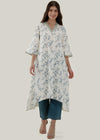 White & Teal Flared Cotton V- Neck Kurta