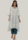 White & Teal Flared Cotton V- Neck Kurta