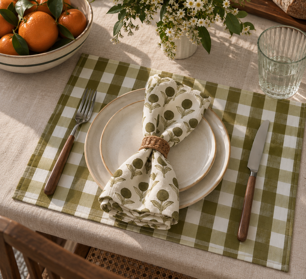 Gingham Check Green Floral Table Mat Set of 6