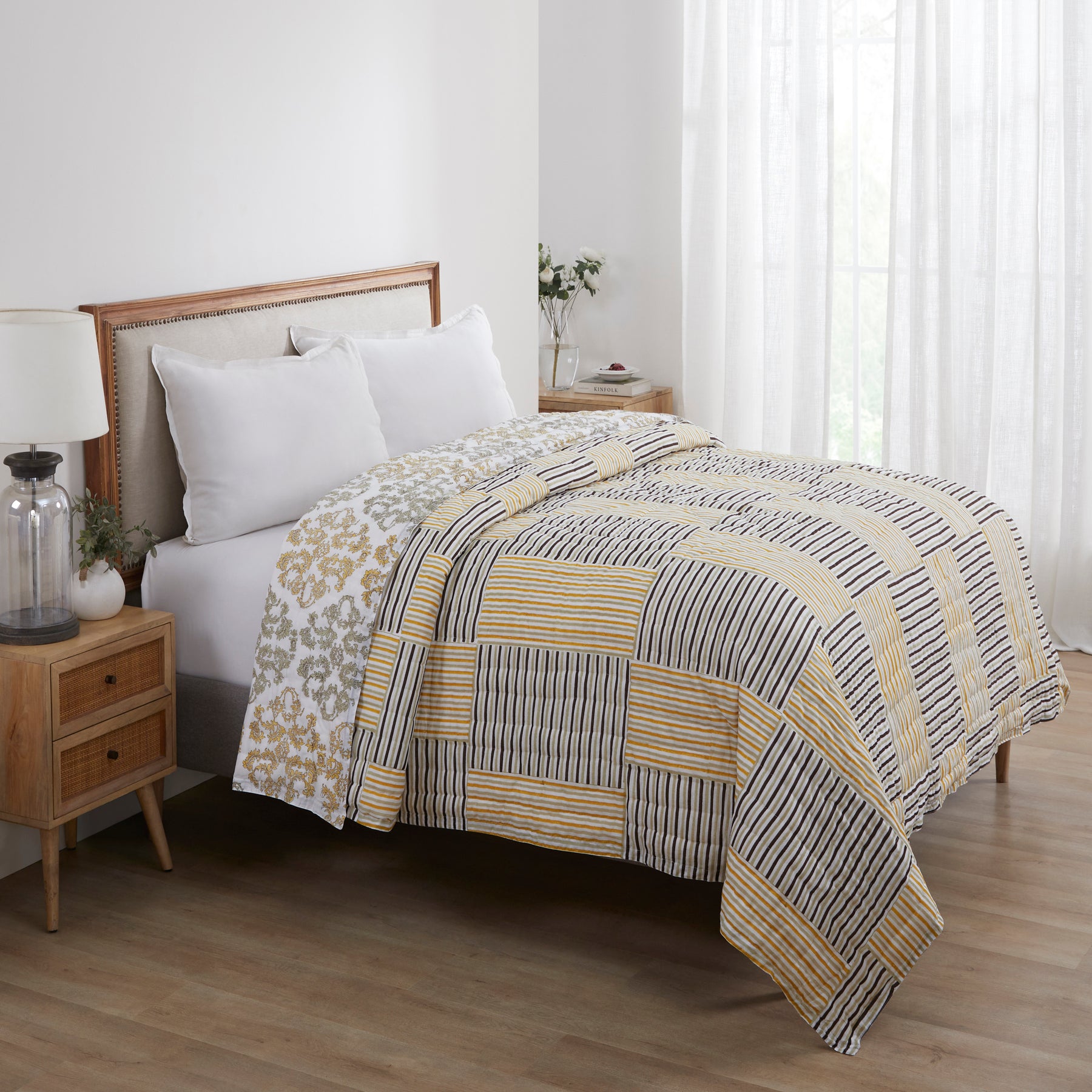 Persian Strie Lightweight Cotton Quilt-Mustard Brown